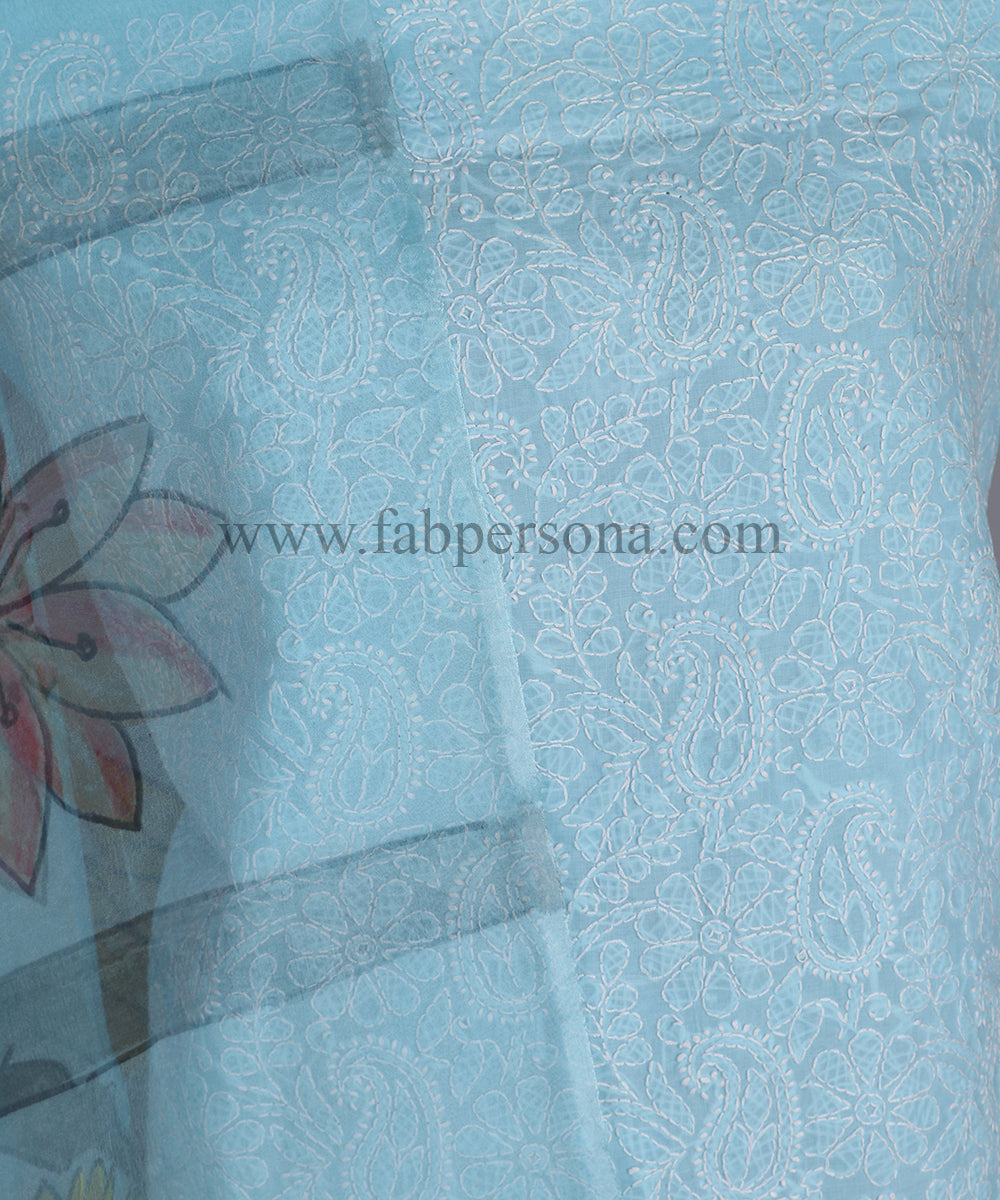 Pure Cotton Chikankari Work unstitched Suit With Pichwai Print Organza Dupatta.( Without Bottom)