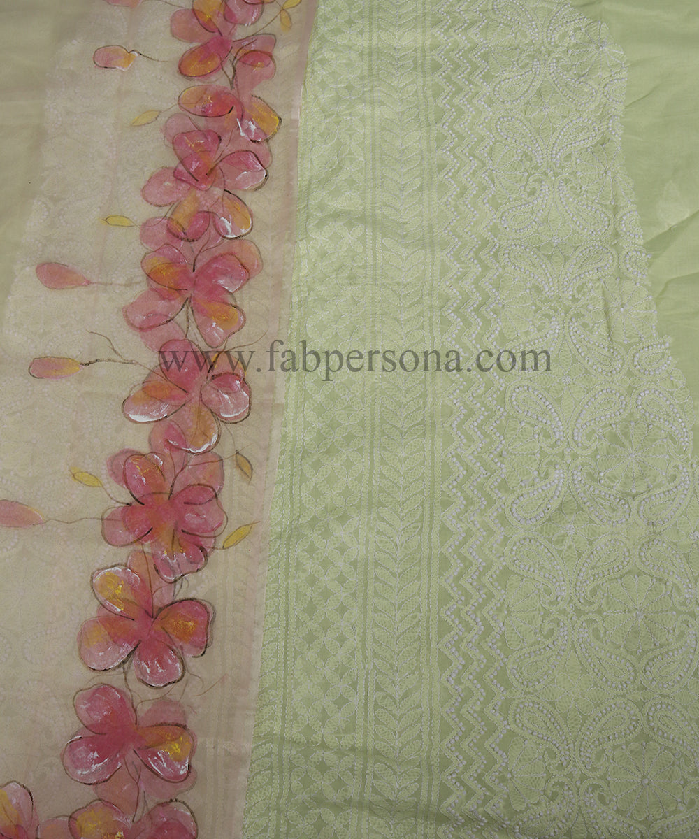Pure Cotton Chikankari Work unstitched Suit With Pichwai Print Organza Dupatta.( Without Bottom)