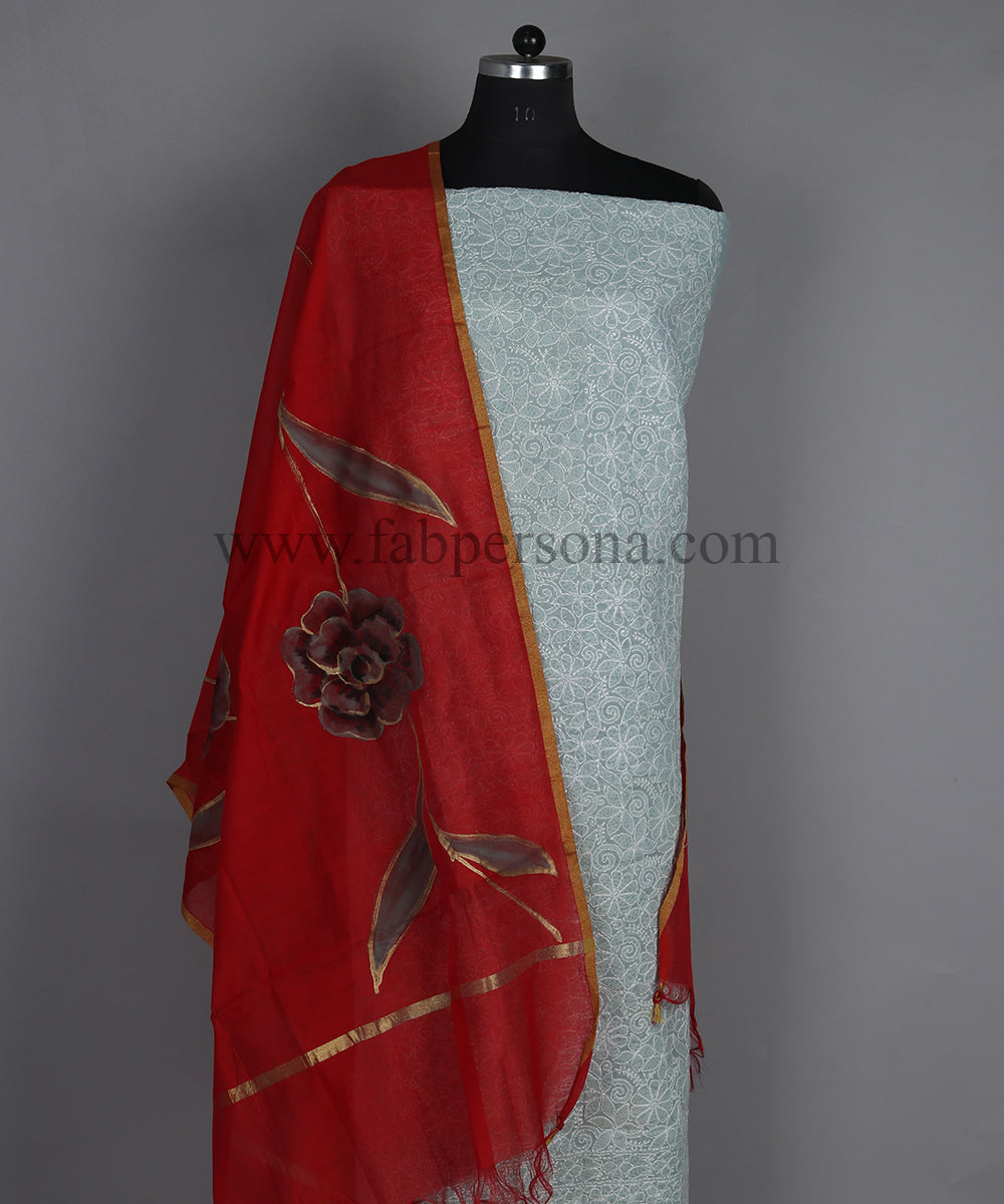 Pure Cotton Chikankari Work unstitched Suit With Pichwai Print Organza Dupatta.( Without Bottom)