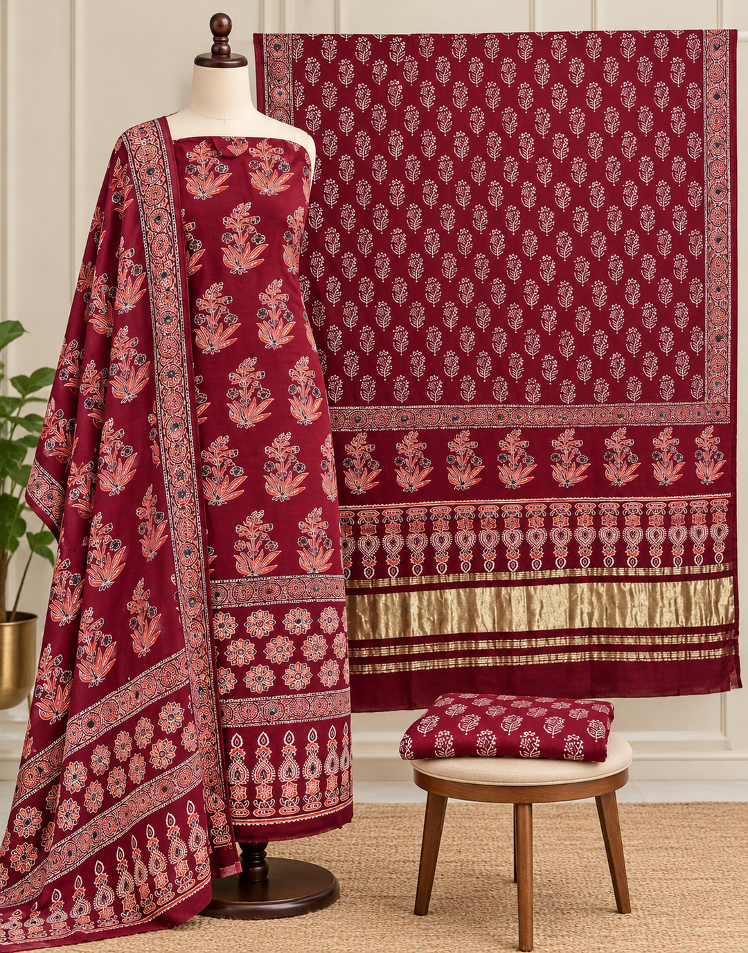Pure Modal Silk Ajrakh Hand Block & Mirror Work Unstitched Suit .