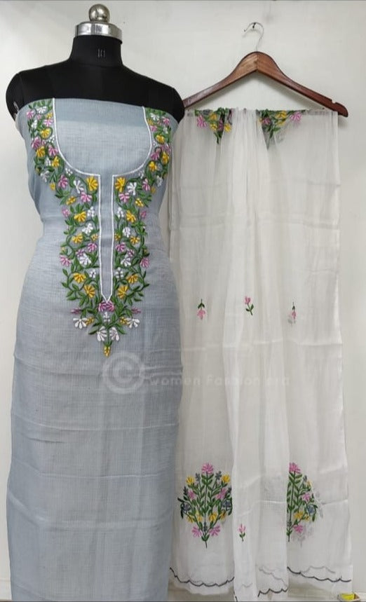 Grey Color Kota Doria Salwar Suit with Embroidery work