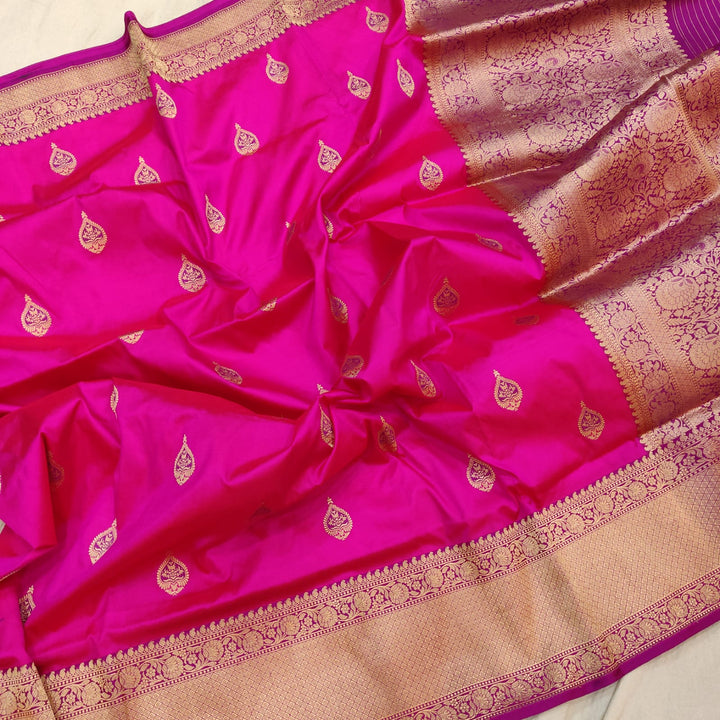 Pure katan Handwoven Kadwa And Gold Zari /Resham Meenakari Alfi Buit Work Saree.