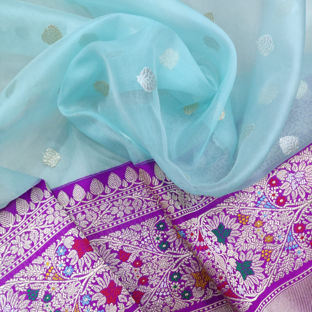 Pure Organza Silk Handwoven Kadwa And Gold Zari /Resham Meenakari Alfi Buit Work Saree.