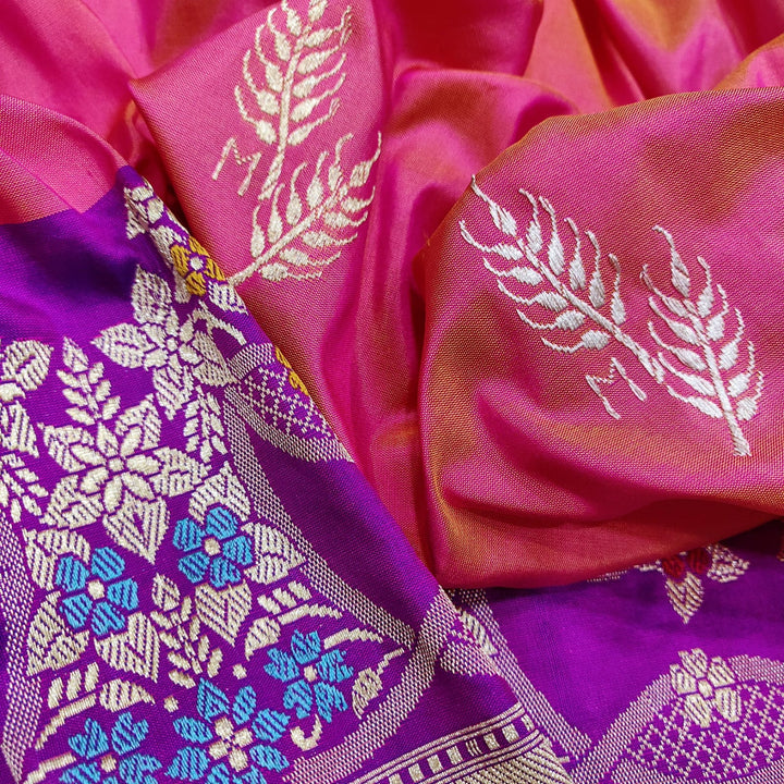 Pure Katan Silk Handwoven Kadwa And Gold Zari /Resham Meenakari Alfi Buit Work Saree.