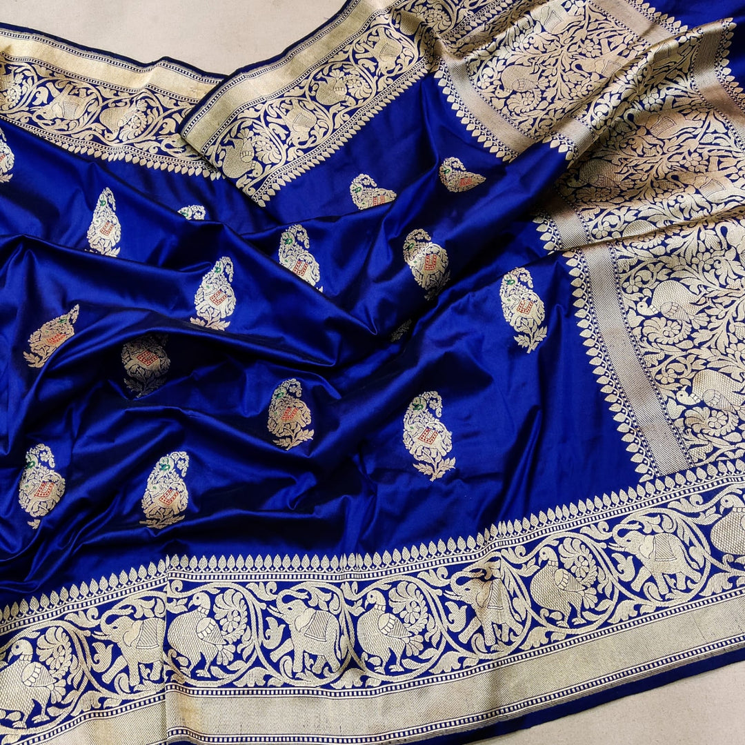 Pure Katan Silk Handwoven Kadwa And Gold Zari /Resham Meenakari Buit Work Saree.