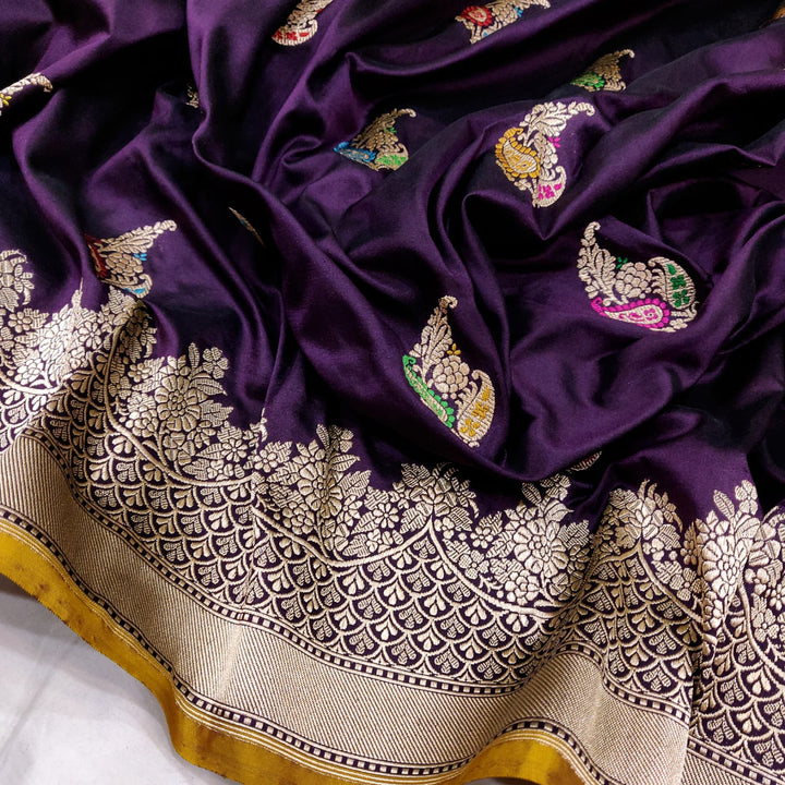 Pure Katan Silk Handwoven Gold zari And multi Color Resham Tilfi Work Saree .