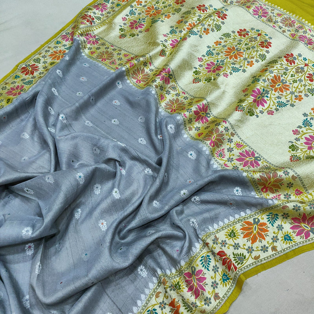 Pure Tusur Georgette Silk Handwoven Silve Zari And Alfi  Buti Work Saree.