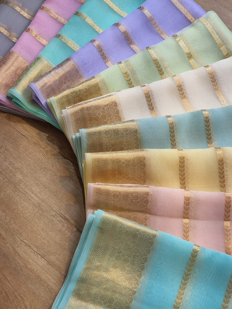 Pure Kora Silk Saree with Banarasi Border and Stripe Zari Work
