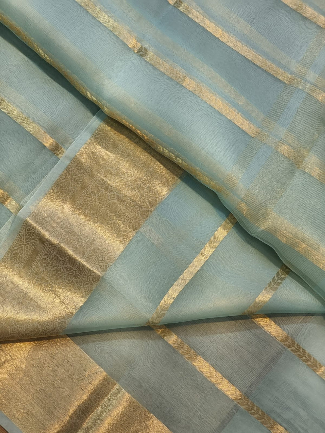 Turquoise Color Pure Kora Silk Saree with Banarasi Border and Stripe Zari Work