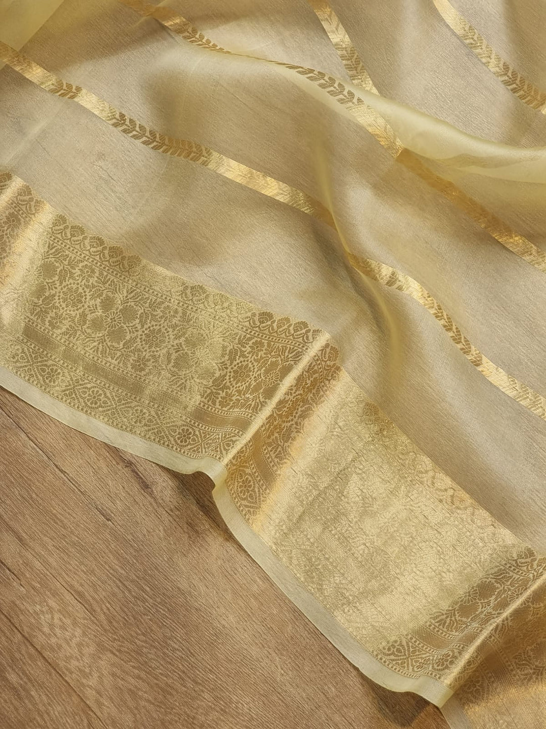 Beige Color Pure Kora Silk Saree with Banarasi Border and Stripe Zari Work