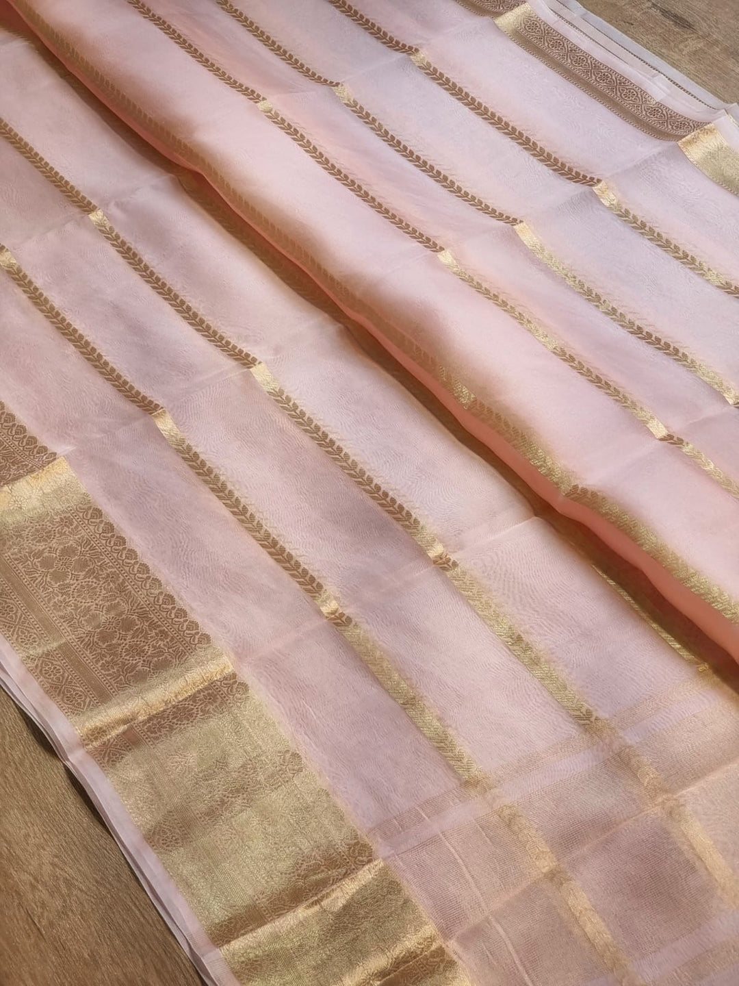 Light Pink Color Pure Kora Silk Saree with Banarasi Border and Stripe Zari Work