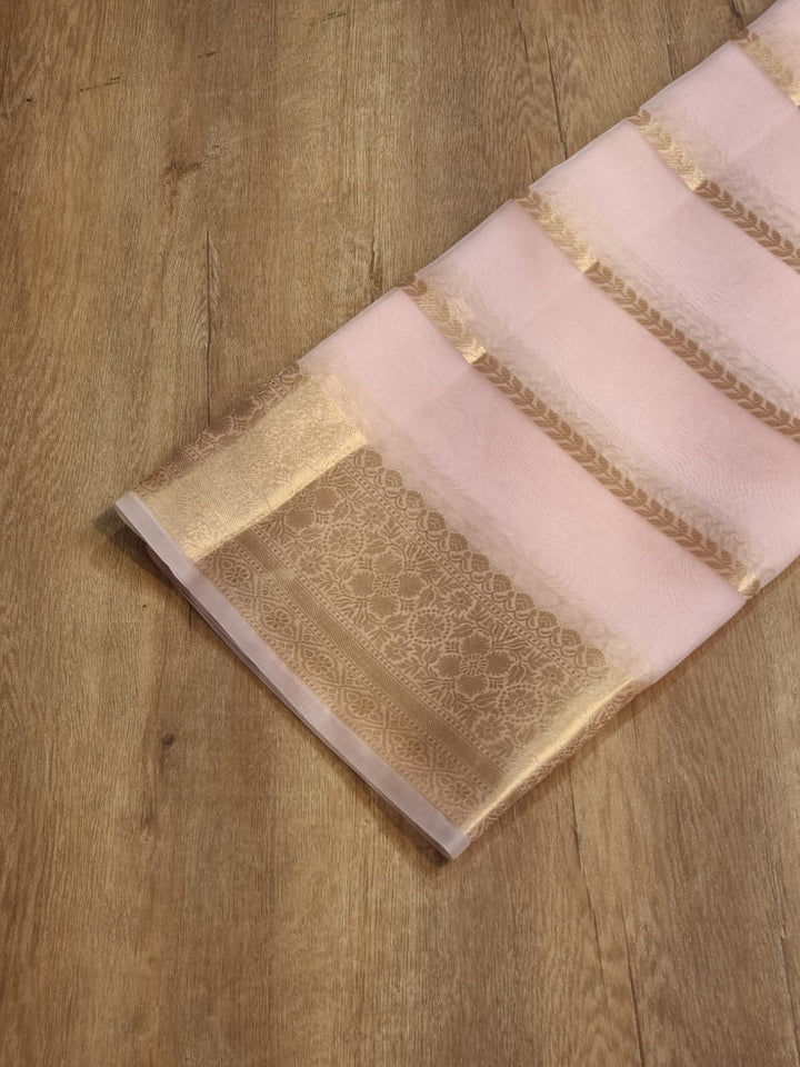 Light Pink Color Pure Kora Silk Saree with Banarasi Border and Stripe Zari Work