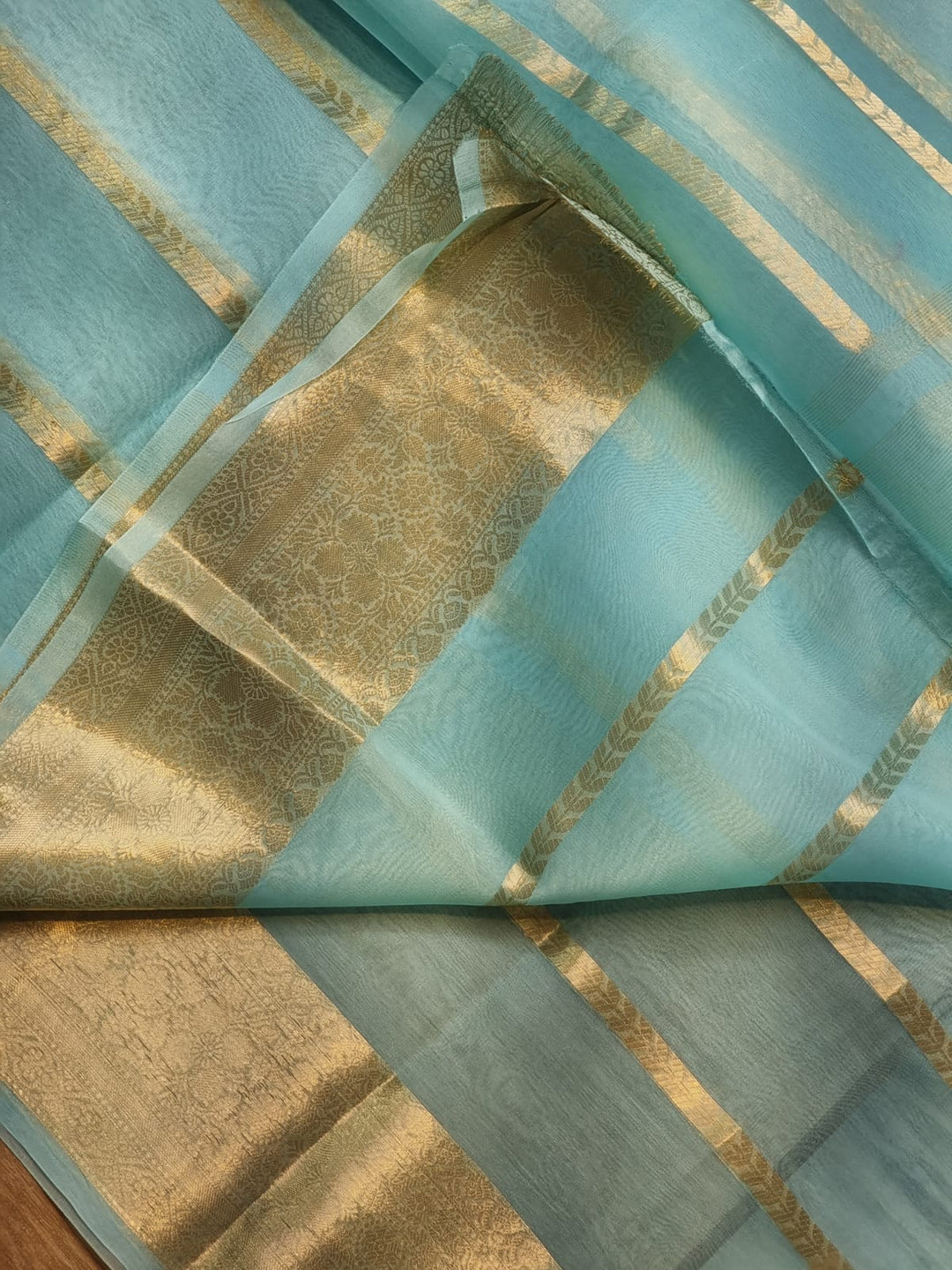 Sky blue Color Pure Kora Silk Saree with Banarasi Border and Stripe Zari Work