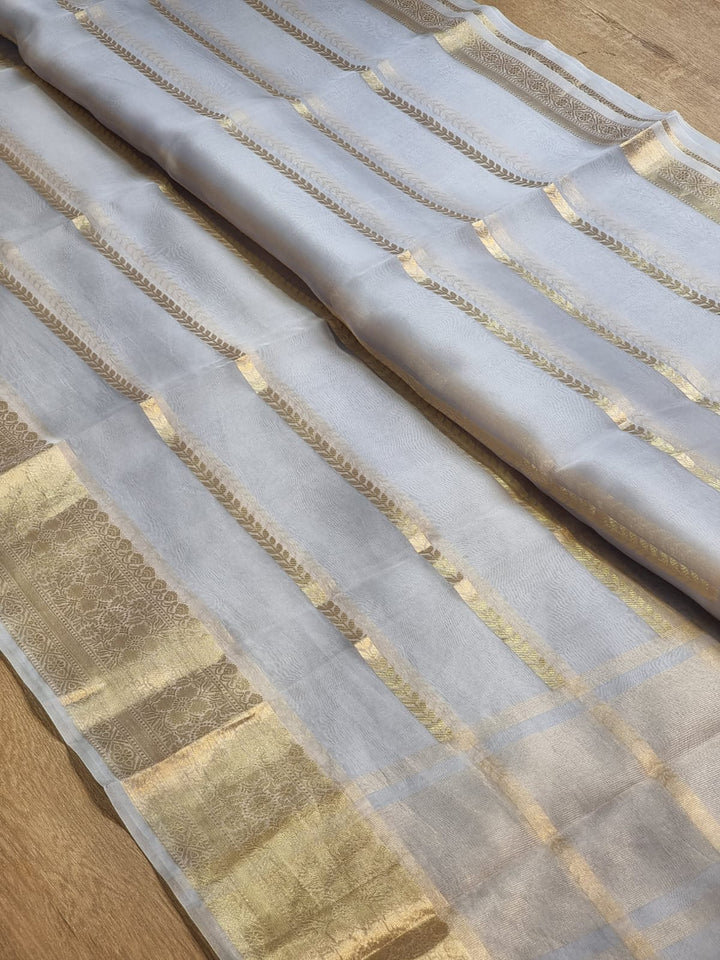 Pure Kora Silk Saree with Banarasi Border and Stripe Zari Work