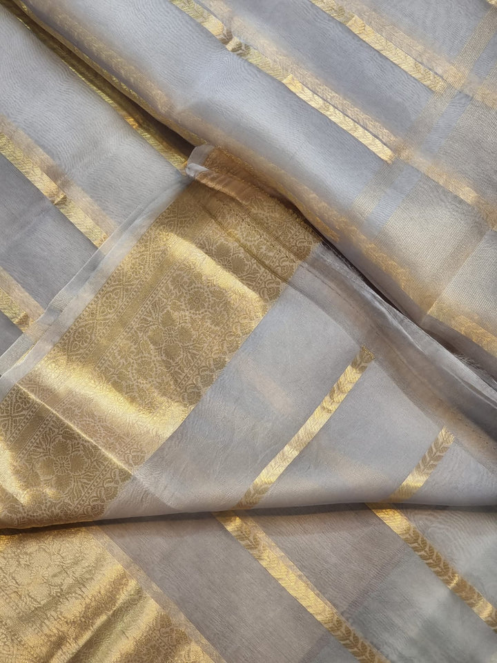 Pure Kora Silk Saree with Banarasi Border and Stripe Zari Work