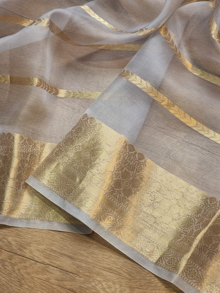 Pure Kora Silk Saree with Banarasi Border and Stripe Zari Work