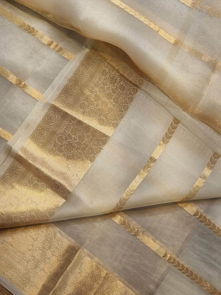 Pure Kora Silk Saree with Banarasi Border and Stripe Zari Work