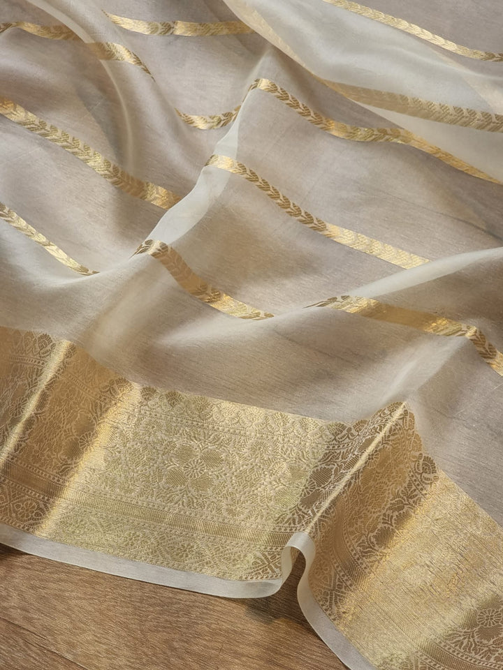 Pure Kora Silk Saree with Banarasi Border and Stripe Zari Work