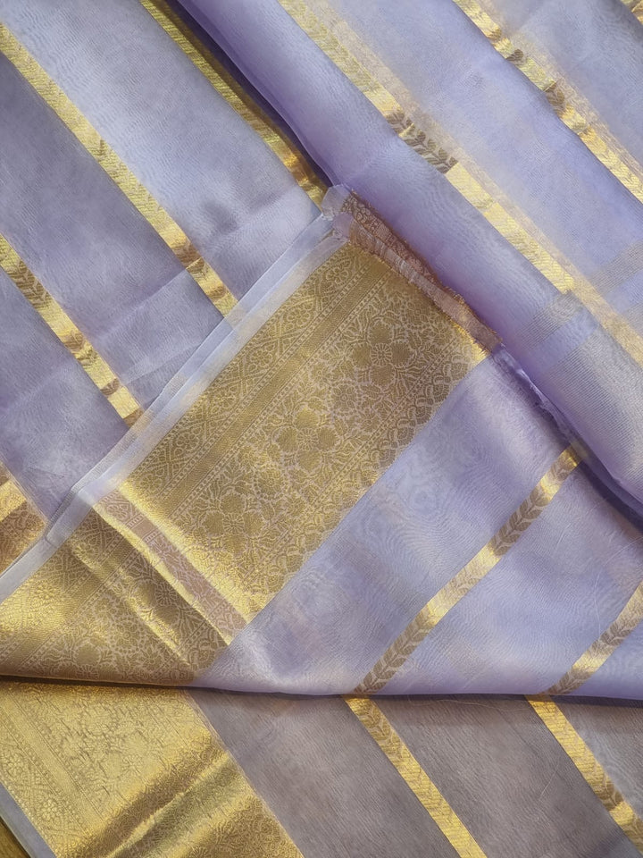 Pure Kora Silk Saree with Banarasi Border and Stripe Zari Work