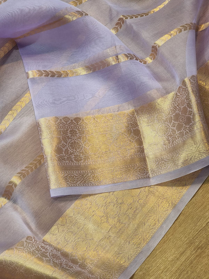 Pure Kora Silk Saree with Banarasi Border and Stripe Zari Work