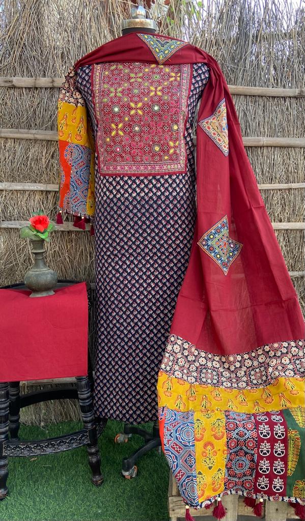 Pure Cotton Azrakh Print Unstitched suit With Patch Work Dupatta.