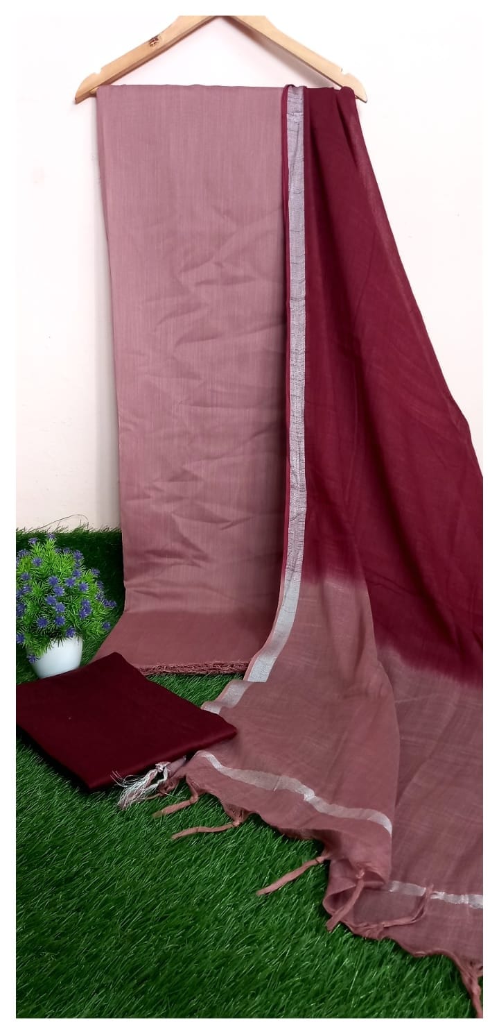Linen By Cotton Dual Shade Unstitched Suit With Dupatta.