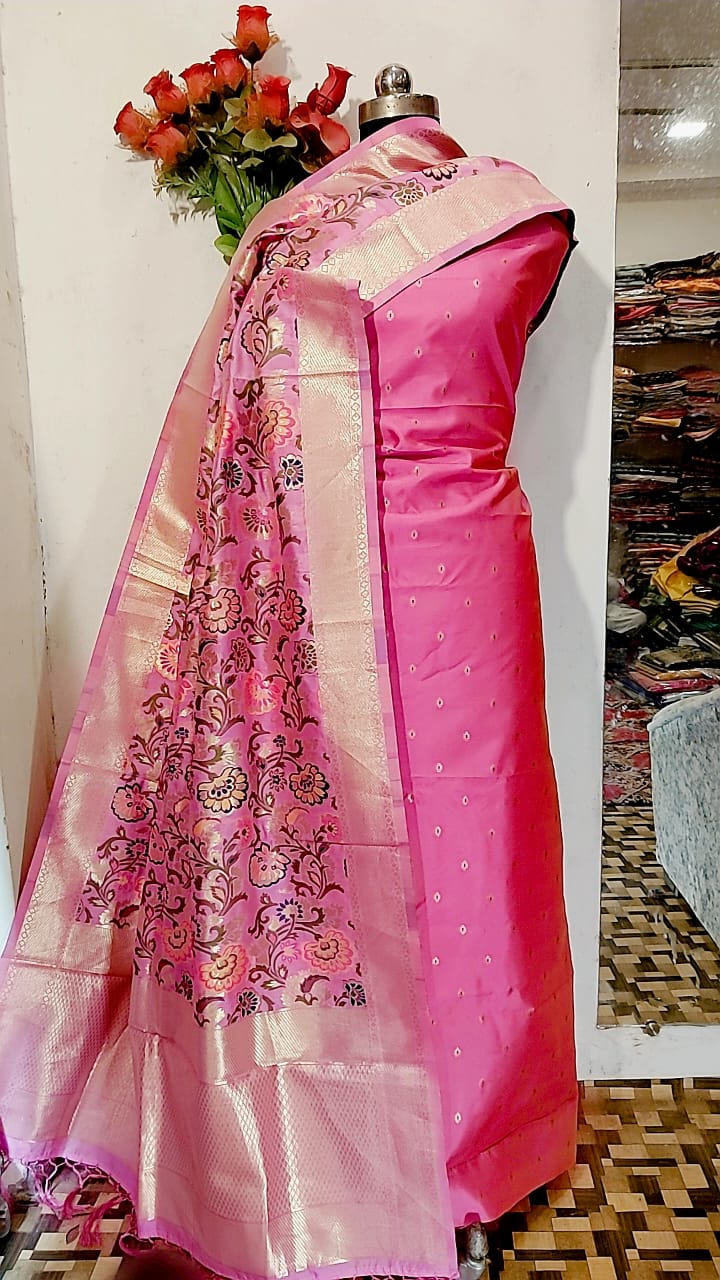 Banarasi katan Silk Zari weaved Suit With Zari and Resham Weaving Dupatta.