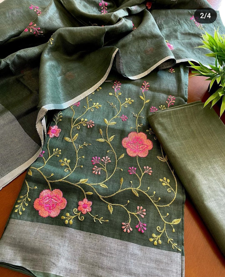 Linen By Cotton Embroidery Unstitched Suit With Dupatta.