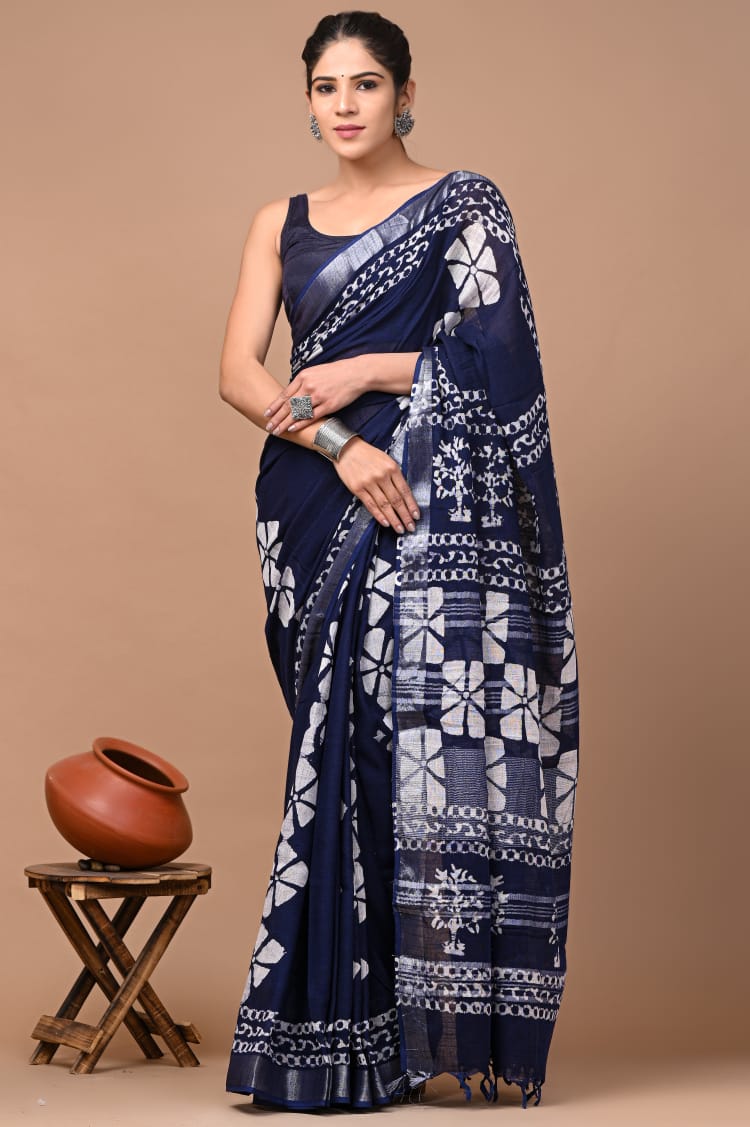 Hand block print linen Saree with Blouse