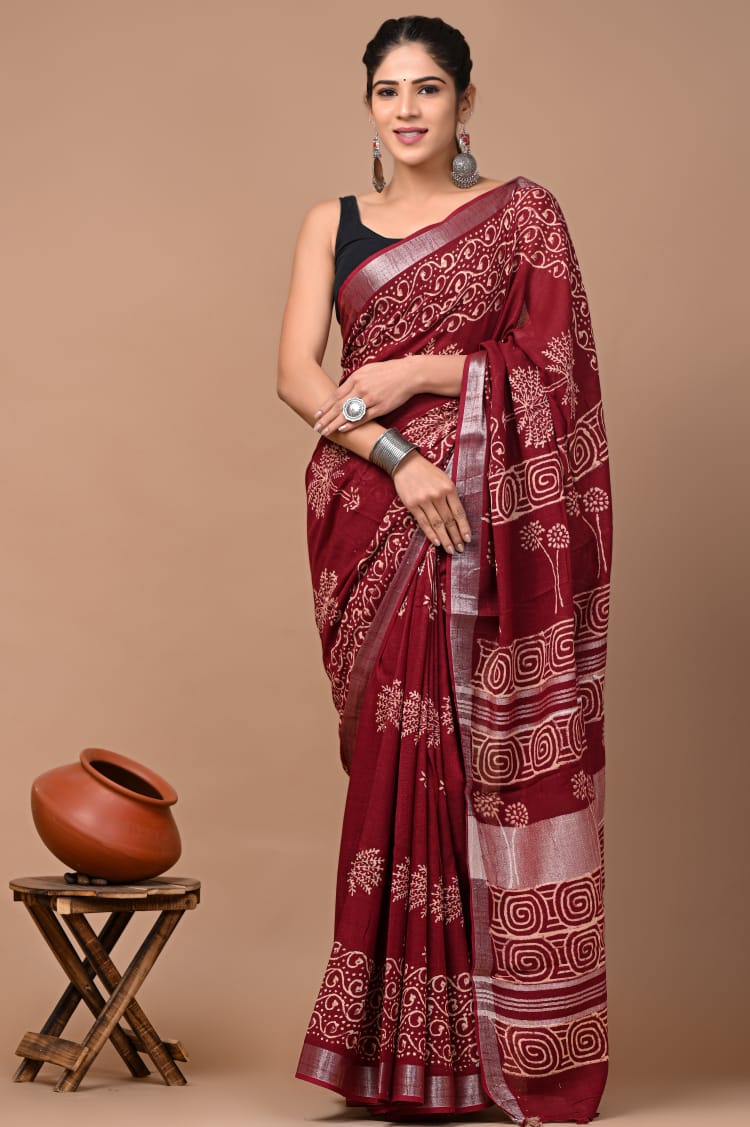 Hand block print linen Saree with Blouse