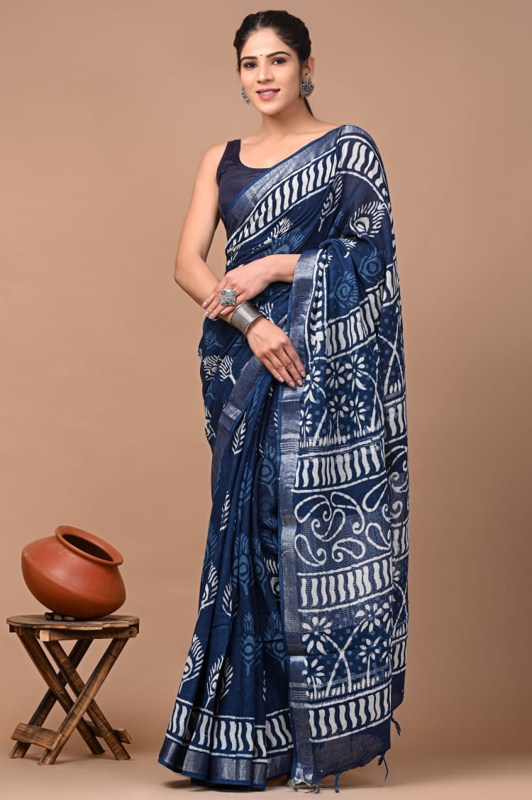 Hand block print linen Saree with Blouse