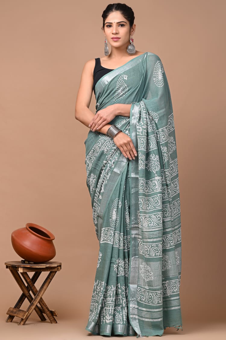 Hand block print linen Saree with Blouse