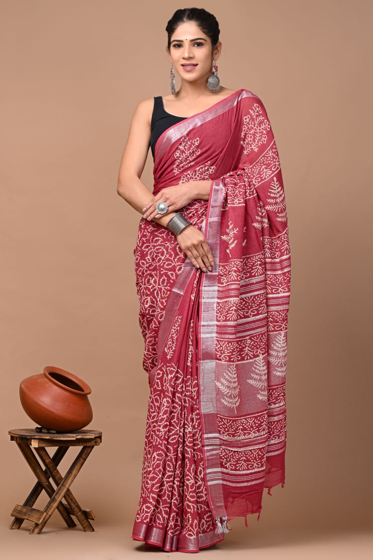 Hand block print linen Saree with Blouse