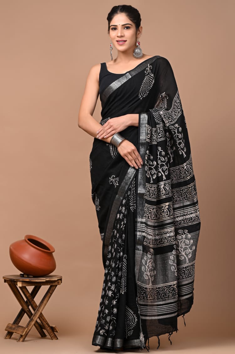 Hand block print linen Saree with Blouse