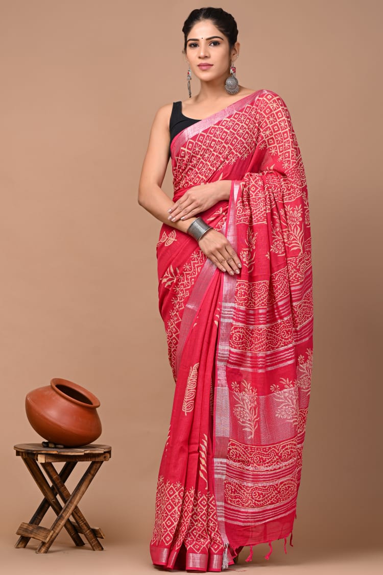 Hand block print linen Saree with Blouse