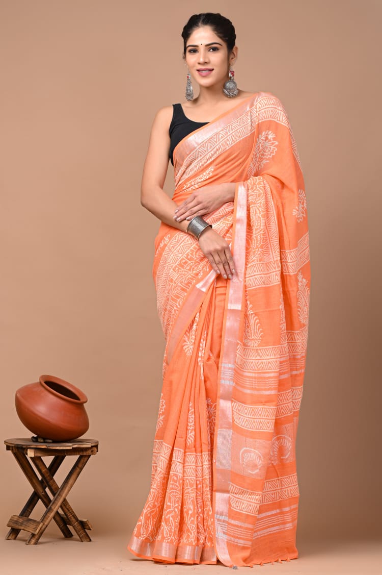 Hand block print linen Saree with Blouse