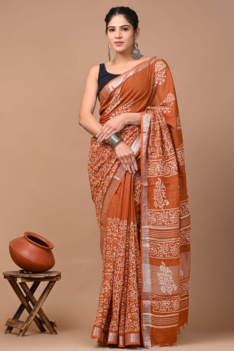 Hand block print linen Saree with Blouse