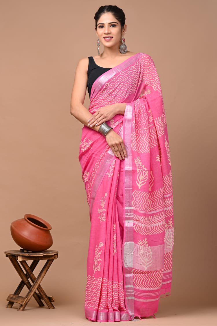 Hand block print linen Saree with Blouse