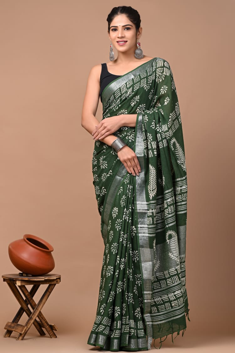 Hand block print linen Saree with Blouse