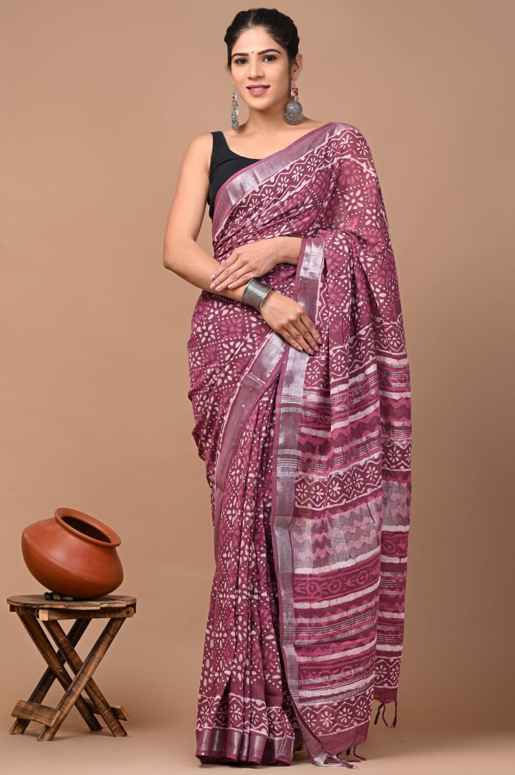 Hand block print linen Saree with Blouse