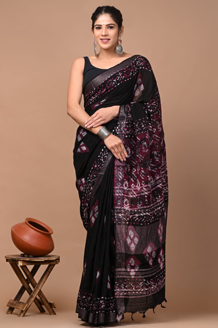 Hand block print linen Saree with Blouse