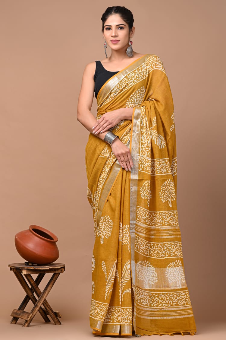 Hand block print linen Saree with Blouse