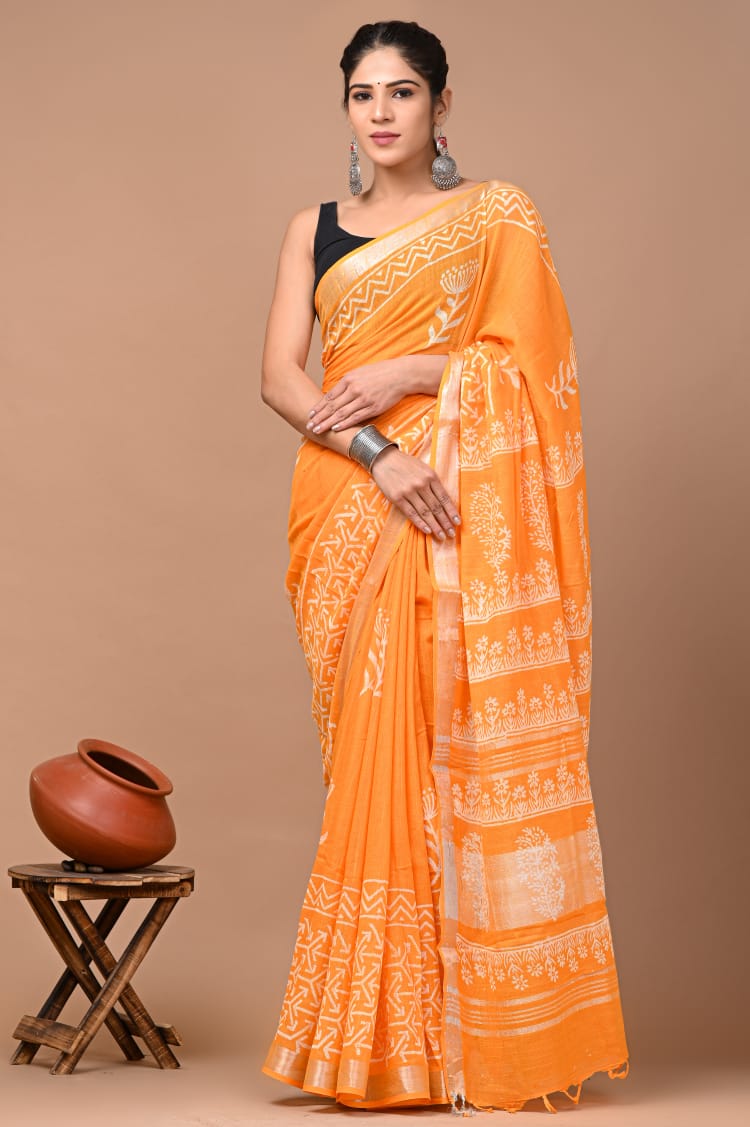 Hand block print linen Saree with Blouse