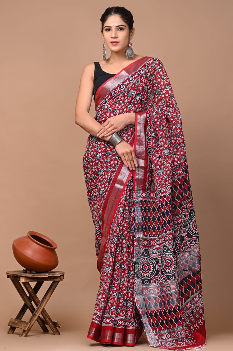 Hand block print linen Saree with Blouse