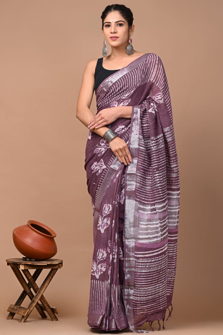 Hand block print linen Saree with Blouse