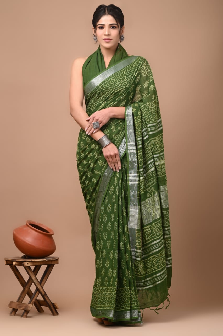 Hand block print linen Saree with Blouse