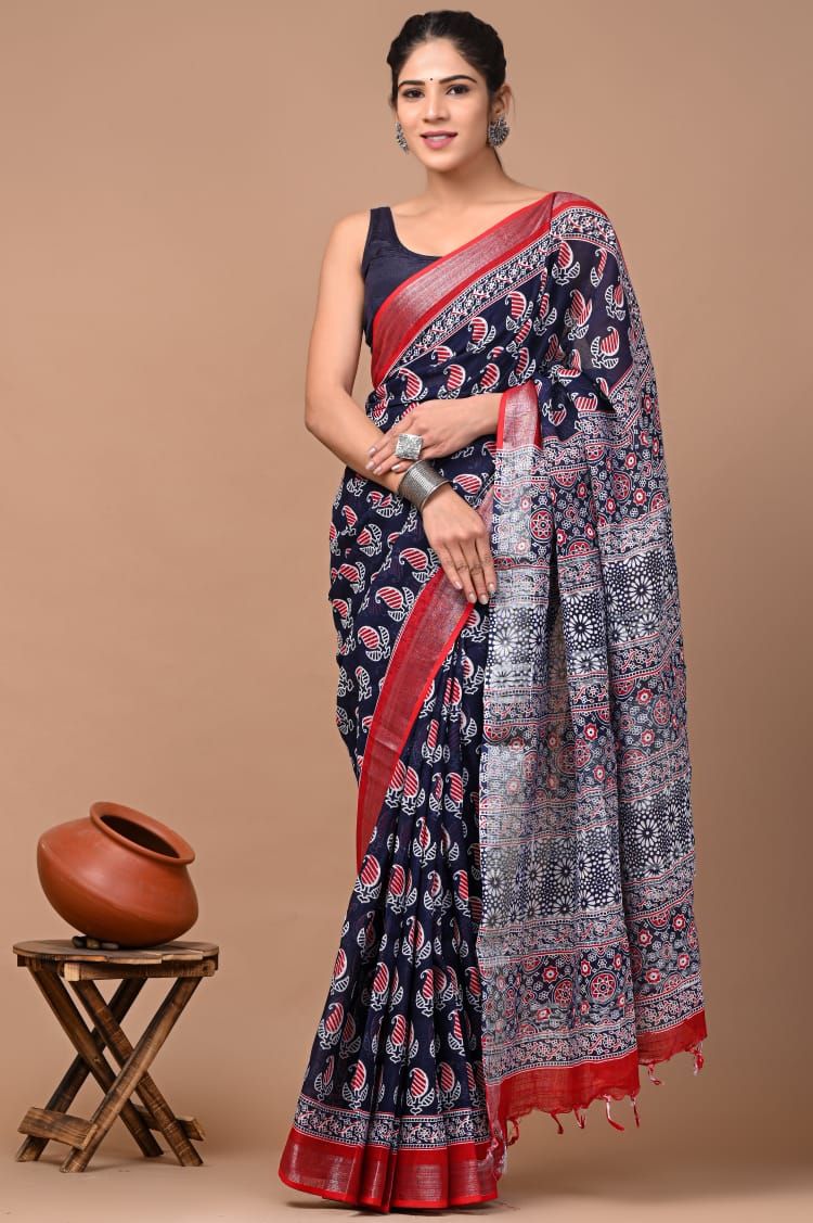 Hand block print linen Saree with Blouse