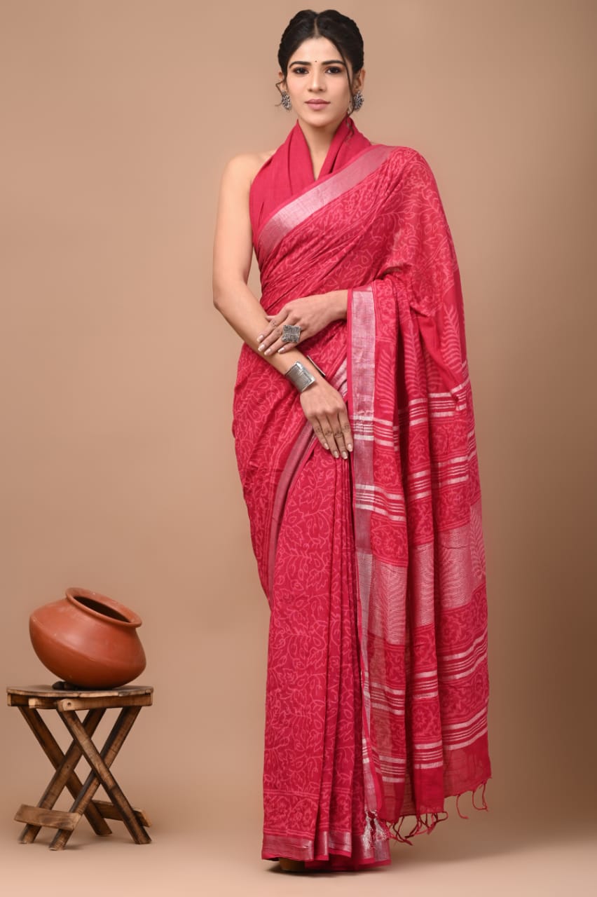 Hand block print linen Saree with Blouse