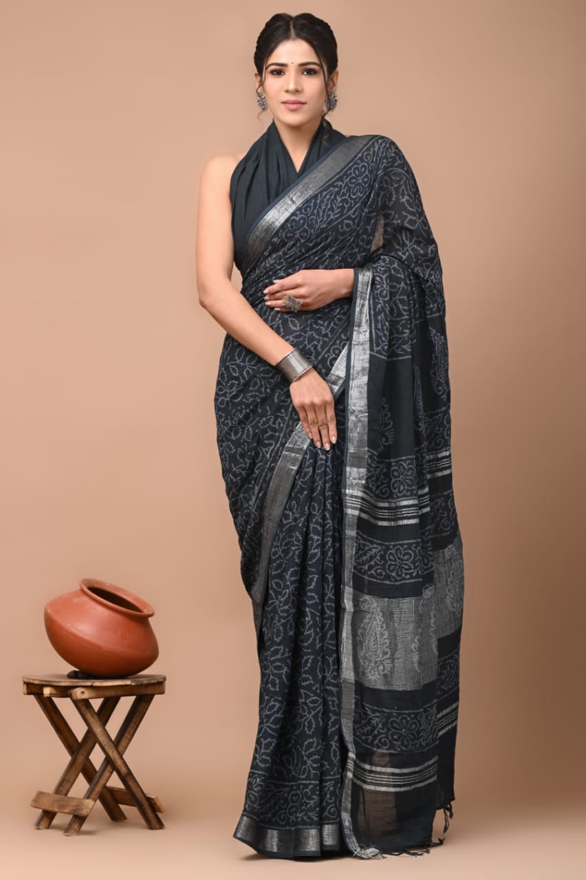 Hand block print linen Saree with Blouse