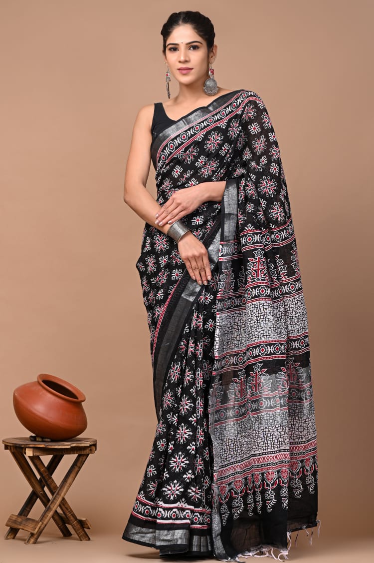 Hand block print linen Saree with Blouse